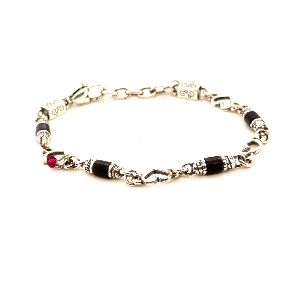 Brighton Silver Tone Heart Link Bracelet Dark Wood Beads Red Crystal 8.25 Inch